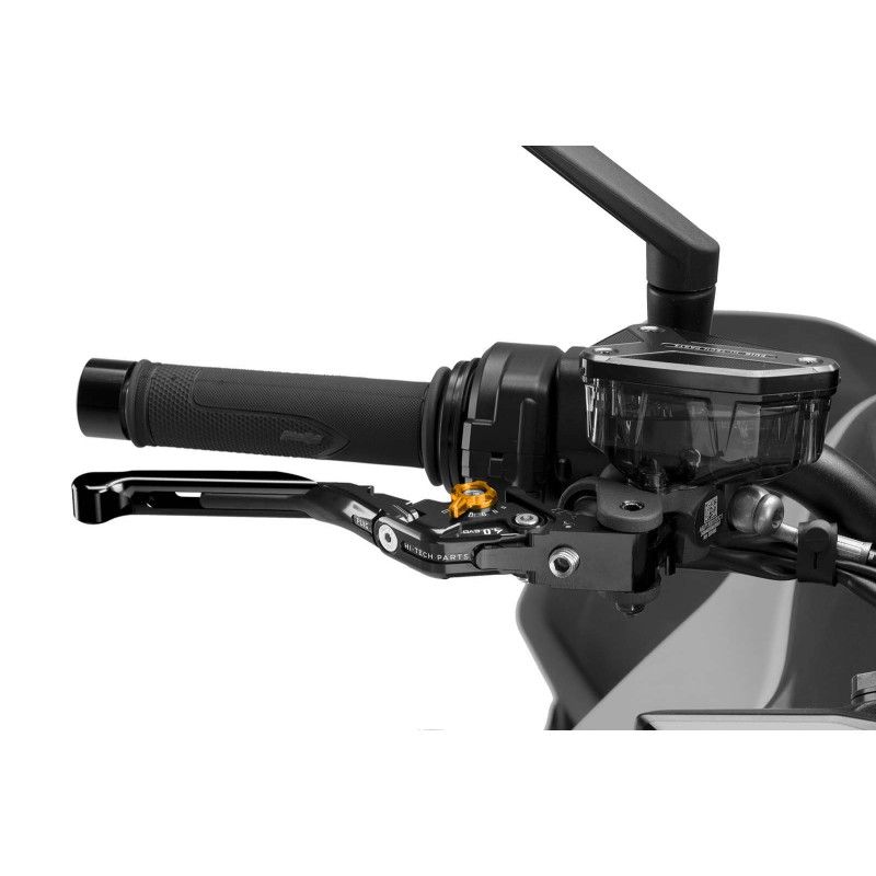 Levier de frein Puig 4.0 extensible et pliable avec corps central noir, extension noire et selecteur dore
