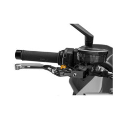 Maneta de freno Puig 4.0 extensible y abatible con cuerpo central negro, extension plata y selector dorado