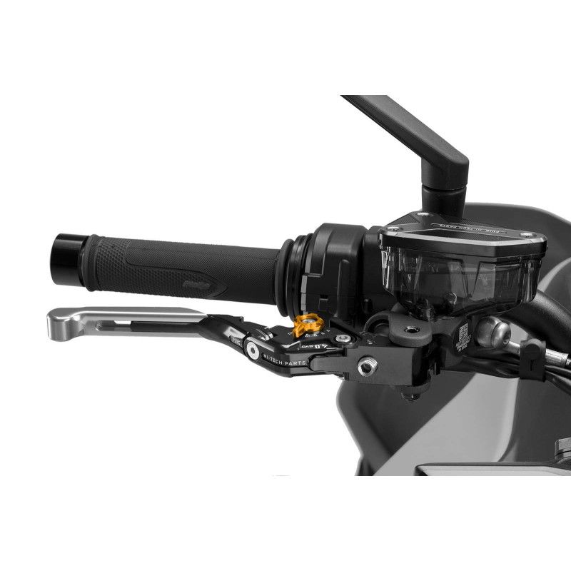 Puig 4.0 brake lever extendable and foldable with black central body, silver extension and gold selector
