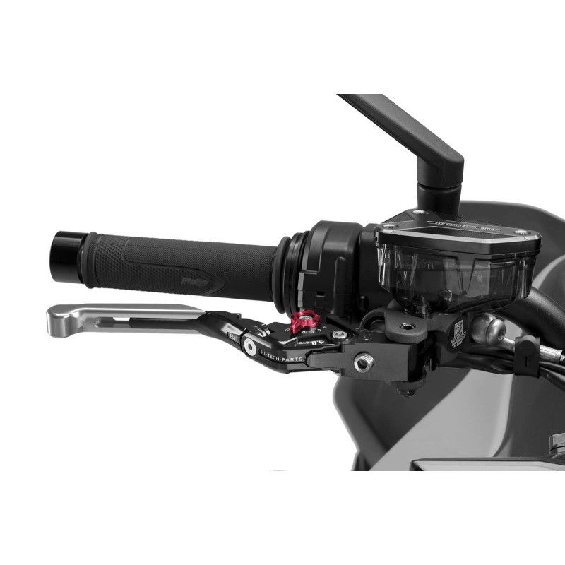 Levier de frein Puig 4.0 extensible et pliable avec corps central noir, extension argentee et selecteur rouge