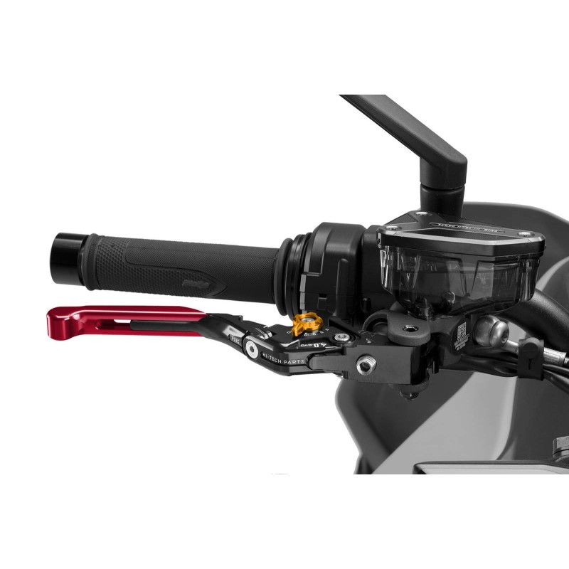 Puig 4.0 brake lever extendable and foldable with black central body, red extension and gold selector