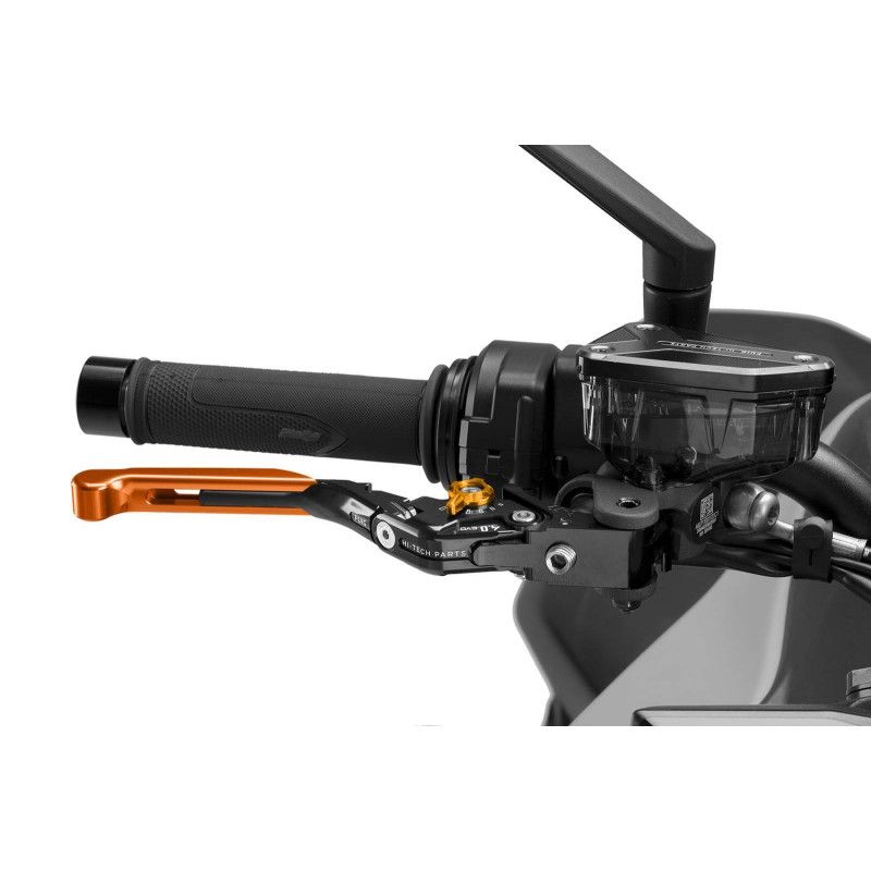 Puig 4.0 brake lever extendable and foldable with black central body, orange extension and gold selector