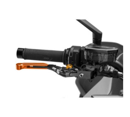 Maneta de freno Puig 4.0 extensible y abatible con cuerpo central negro, extension naranja y selector dorado