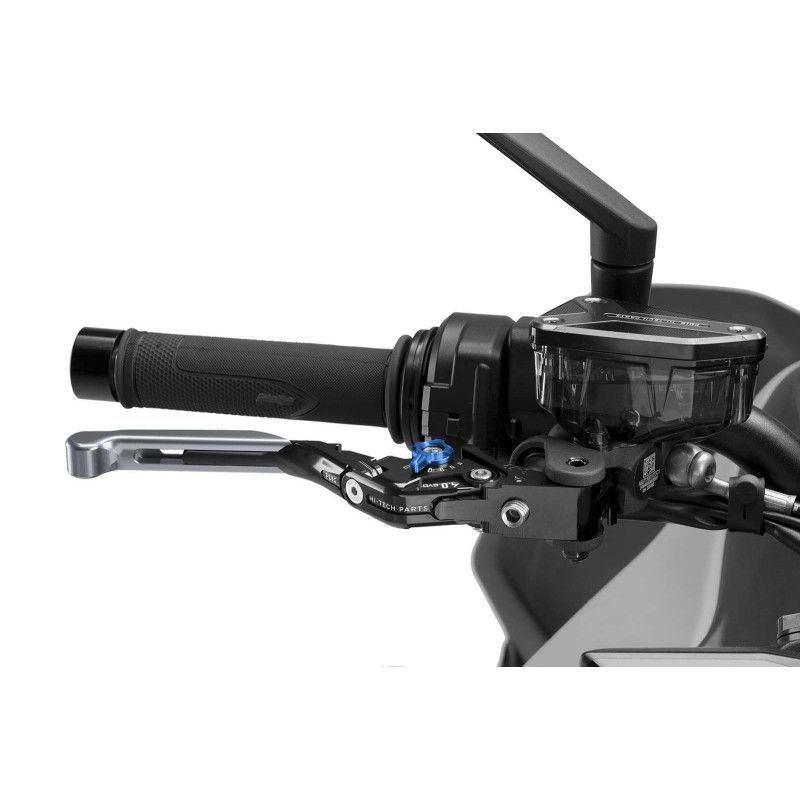 Puig 4.0 brake lever extendable and foldable with black central body, titanium extension and blue selector