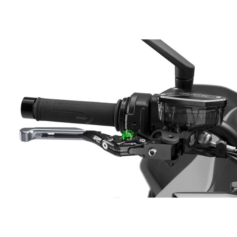 Puig 4.0 brake lever extendable and foldable with black central body, titanium extension and green selector