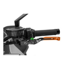 Maneta de embrague Puig 4.0 extensible y abatible con cuerpo central negro, extension naranja y selector verde