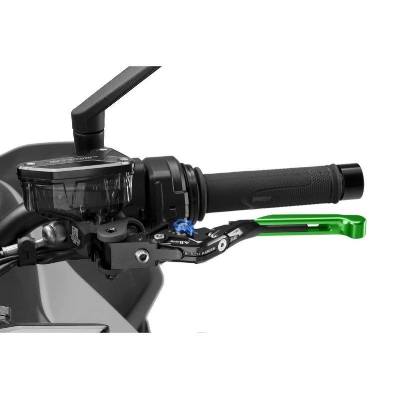 Levier d'embrayage Puig 4.0 extensible et pliable avec corps central noir, extension verte et selecteur bleu