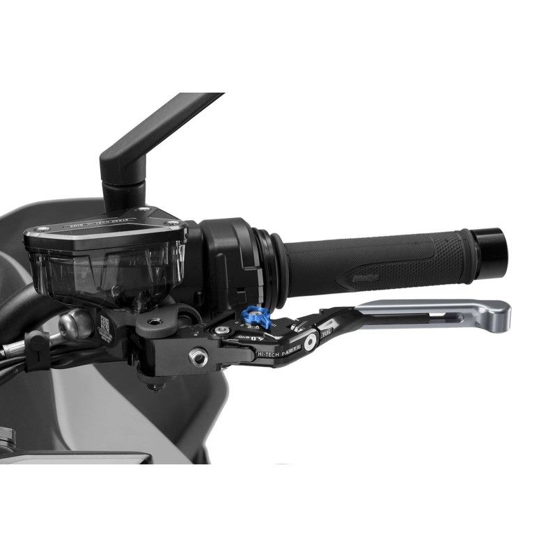 Levier d'embrayage Puig 4.0 extensible et pliable avec corps central noir, extension en titane et selecteur bleu