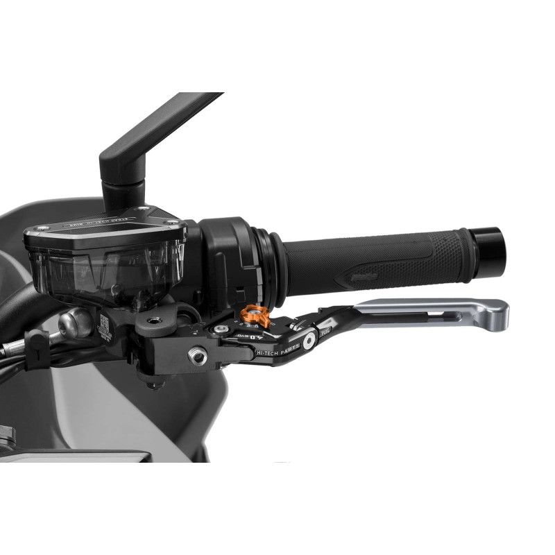 Levier d'embrayage Puig 4.0 extensible et pliable avec corps central noir, extension en titane et selecteur orange