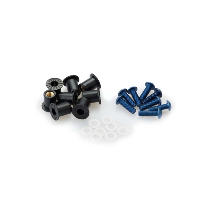 PUIG KIT TORNILLOS ANODIZADO AZUL - COD. 0957A - Cabeza redonda, casquillo hexagonal, con Silent Block. BlIster de 8 piezas.