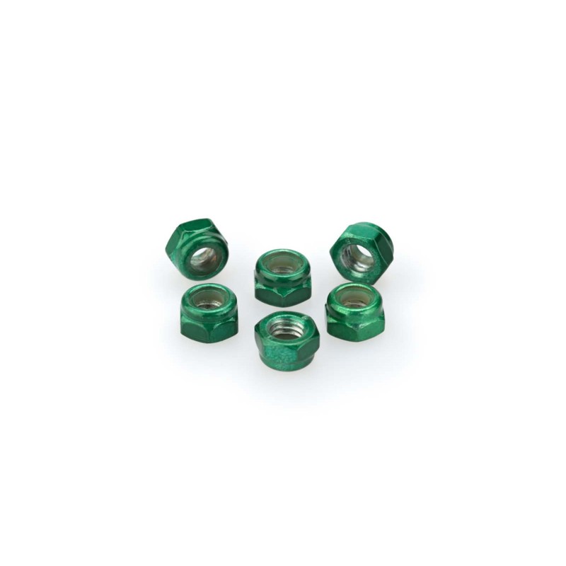 PUIG GREEN ANODIZED SCREWS KIT - COD. 0735V - Self-locking anodized aluminum nuts. Blister of 6 pieces. Size M5.