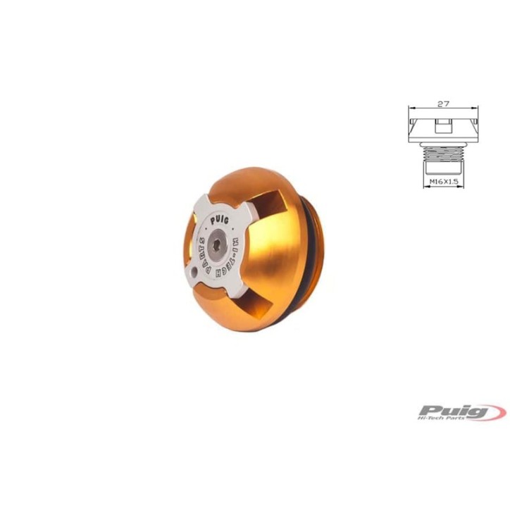 PUIG ENGINE OIL CAP FOR KTM GOLD - COD. 7140O - Material: black anodized aluminum with colored ring.