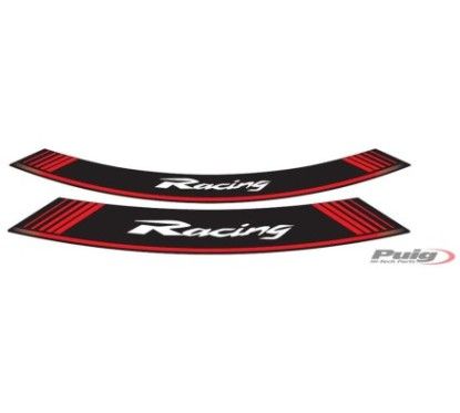 Autocollants de jantes Puig Racing rouges. Le kit se compose de 8 bandes adhesives pour jantes 14 et 21 pouces. Code 5531R.