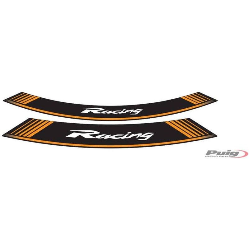 Autocollants de jantes Puig Racing orange. Le kit se compose de 8 bandes adhesives pour jantes 14 et 21 pouces. Code 5531T.
