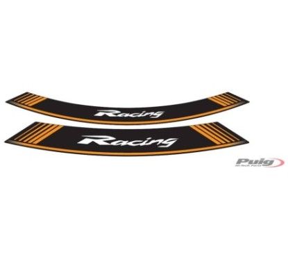 Autocollants de jantes Puig Racing orange. Le kit se compose de 8 bandes adhesives pour jantes 14 et 21 pouces. Code 5531T.
