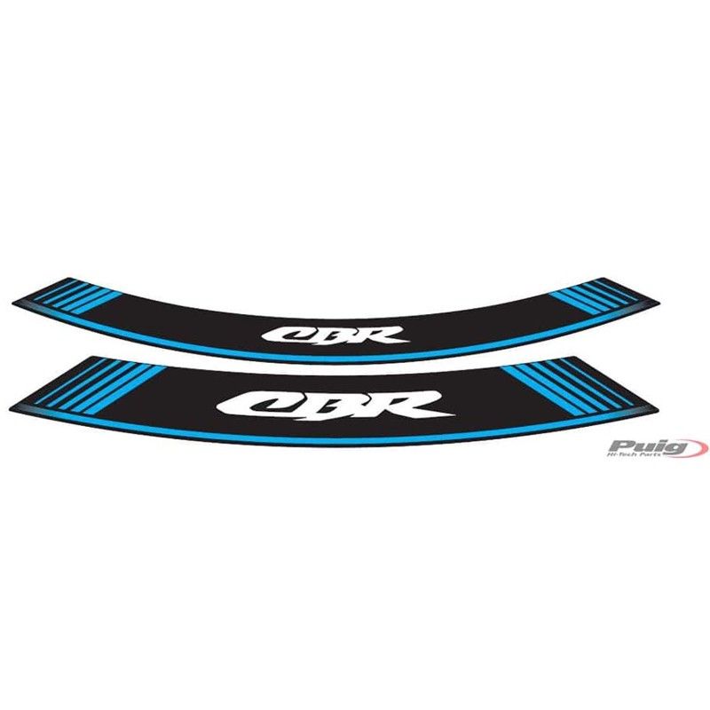 Autocollants Puig pour jantes Honda CBR bleu. L'ensemble se compose de 8 bandes adhesives. Code 5524A.