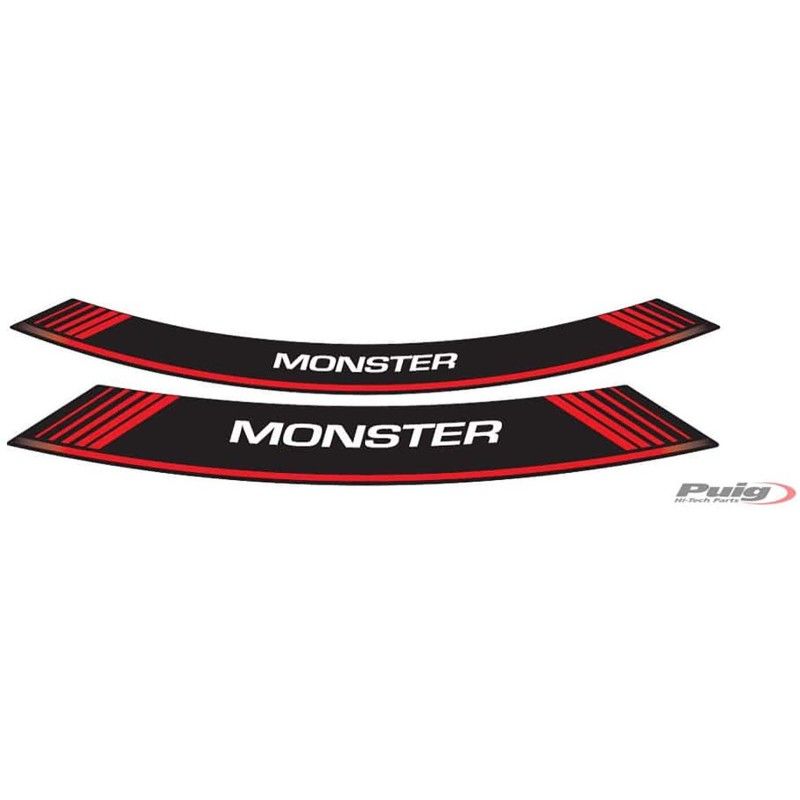 Autocollants Puig pour jantes Ducati Monster rouge. Le lot comprend 8 bandes adhesives. Code?: 5527R.