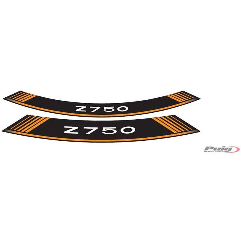 Autocollants Puig pour jantes Kawasaki Z750 orange. L'ensemble est compose de 8 bandes adhesives. Code 5545T.