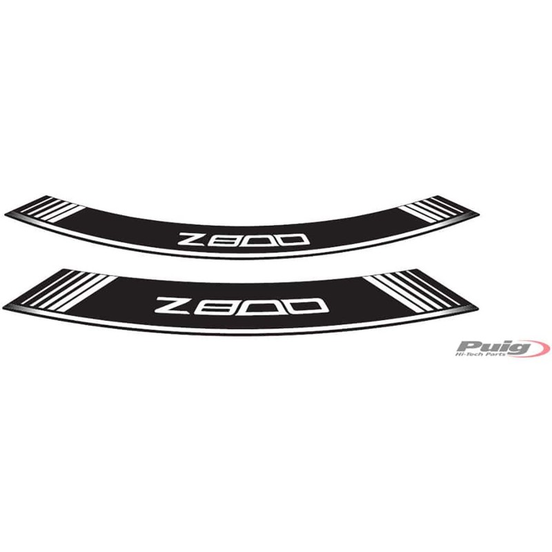 Autocollants Puig pour jantes Kawasaki Z800 blancs. L'ensemble est compose de 8 bandes adhesives. Code?: 6561B.