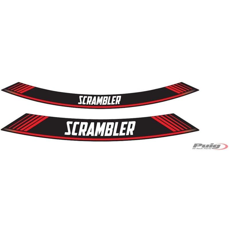 Autocollants Puig pour jantes Ducati Scrambler rouge. Le lot comprend 8 bandes adhesives. Code?: 9134R.
