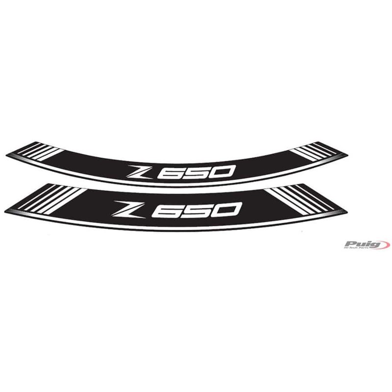 Autocollants Puig pour jantes Kawasaki Z650 blancs. L'ensemble est compose de 8 bandes adhesives. Code 9290B.