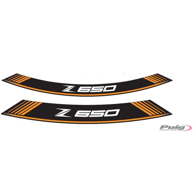 Autocollants Puig pour jantes Kawasaki Z650 orange. L'ensemble est compose de 8 bandes adhesives. Code 9290T.