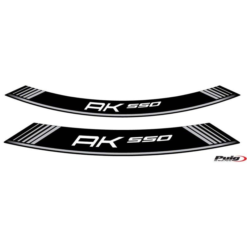 Autocollants Puig pour jantes Kymco AK 550 argent. Le kit est compose de 8 bandes adhesives. Code 9630P.