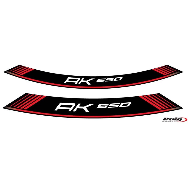 Autocollants Puig pour jantes Kymco AK 550 rouge. L'ensemble est compose de 8 bandes adhesives. Code 9630R.